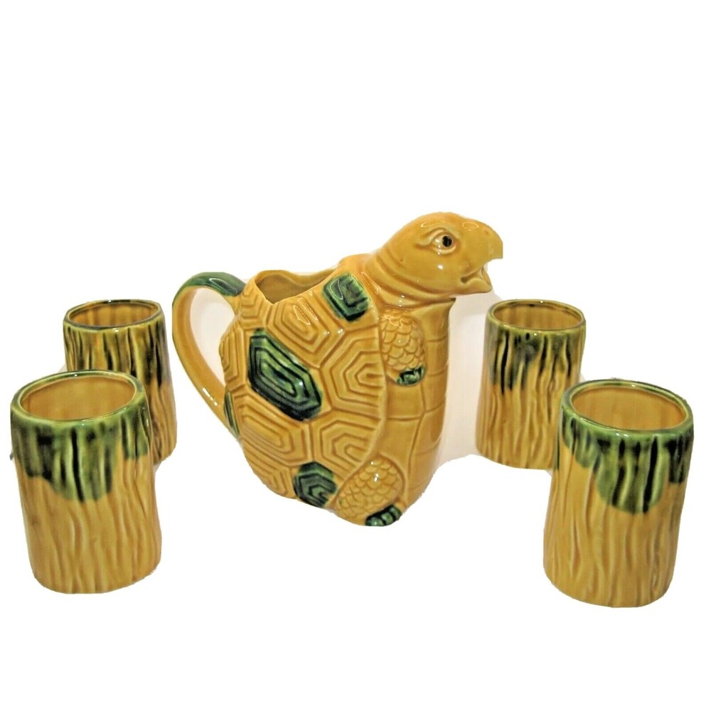 Anthropomorphic Turtle Pitcher & 4 Cups Tiki Barware Norleans Gold & Green Japan